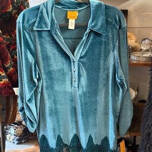 Ruby Rd. Teal Velvet Blouse with Lace Hem